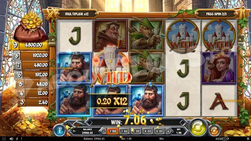 Sherwood Gold Free Spins round with Castle wilds and a x12 multiplier