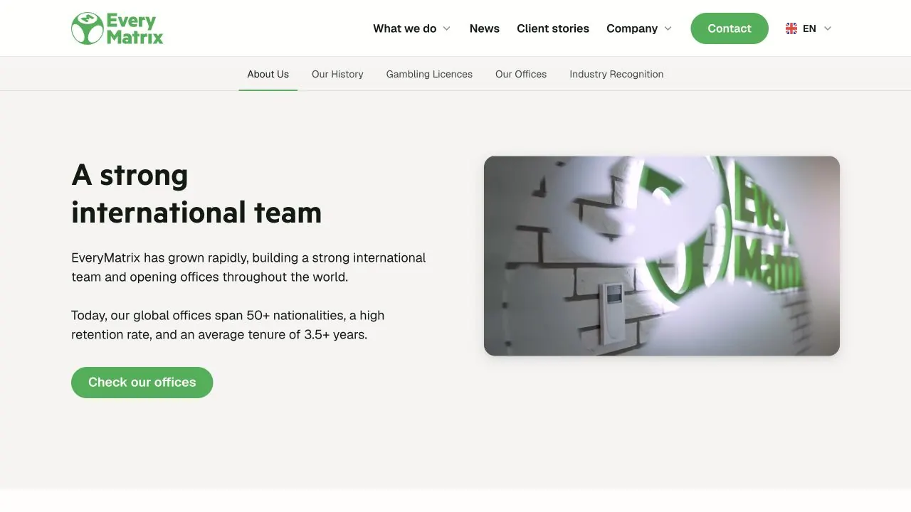 EveryMatrix parent-company website captured in July 2026