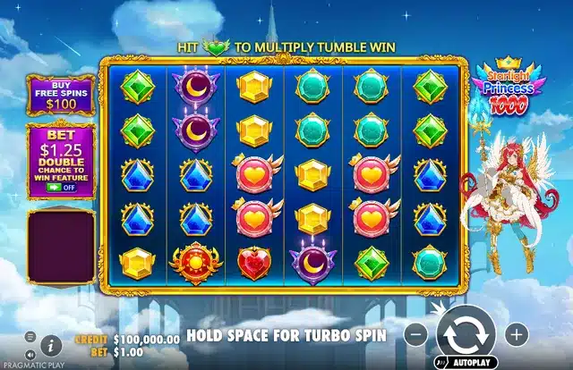 Starlight Princess 1000 base game showing the 6x5 scatter pays grid