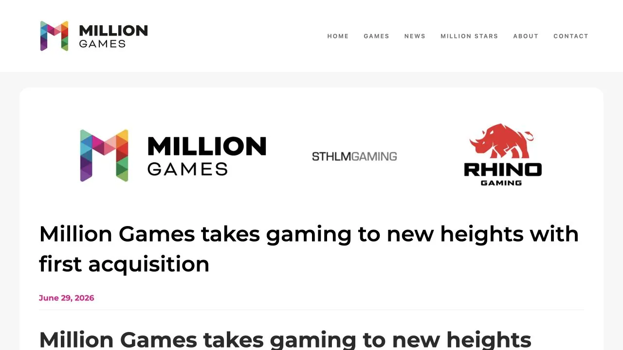 Million Games acquisition announcement naming STHLM Gaming