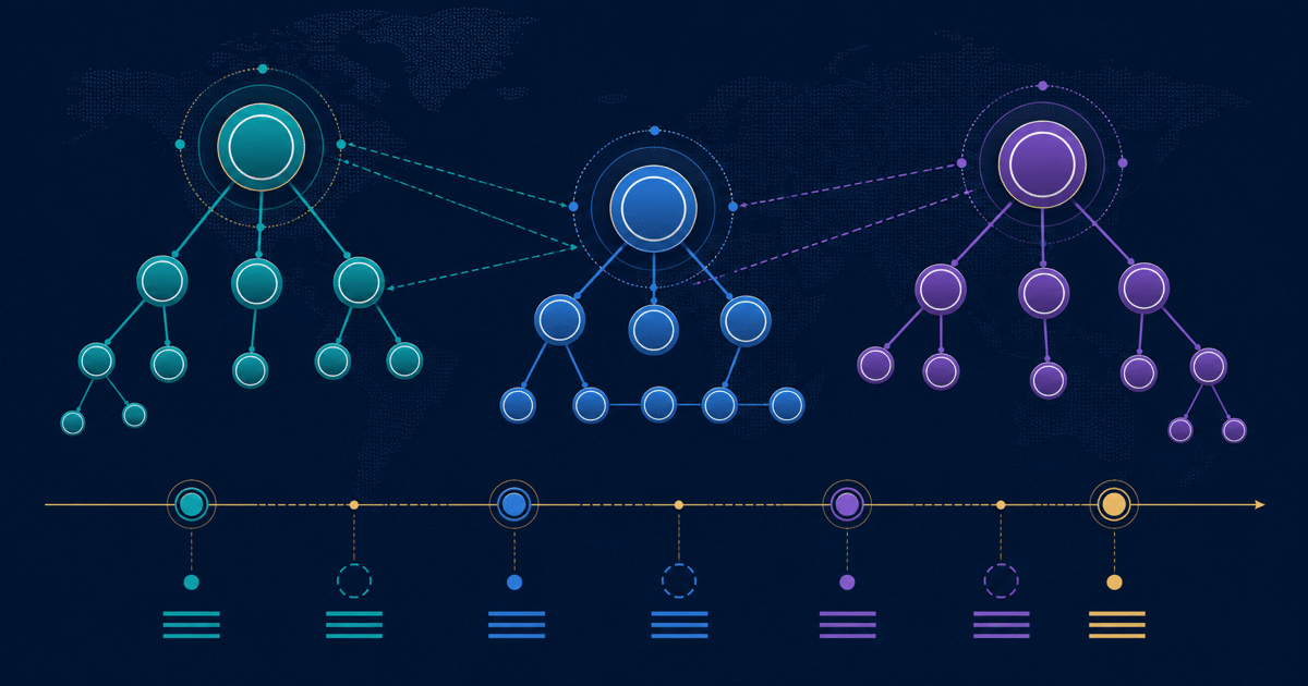 Abstract studio nodes connected into three parent-company groups above a dated timeline
