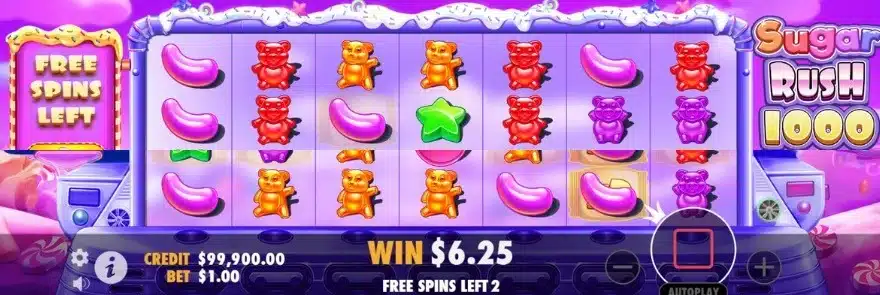 Sugar Rush 1000 Free Spins round with persistent multiplier spots
