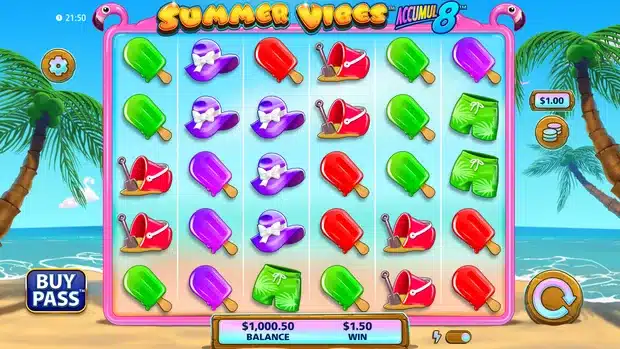 Summer Vibes Accumul8 slot gameplay screenshot showing the 6x5 grid with beach-themed symbols