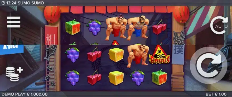 Sumo Sumo base game showing the 5x5 grid with sumo wrestler and fruit symbols