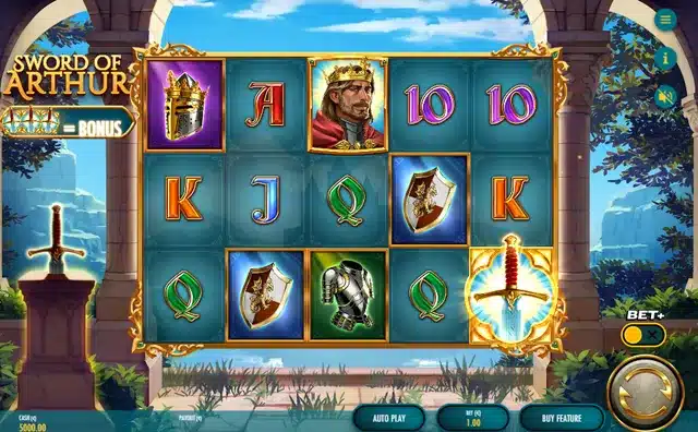 Sword of Arthur base game showing the medieval symbol set and fixed paylines