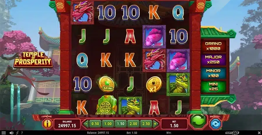 Temple of Prosperity base game showing the 5x5 grid with dragon and koi symbols