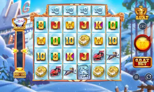 The Goat slot gameplay screenshot showing the 6x4 reel grid with the Diamond bonus meter, multiplier row and wild symbol