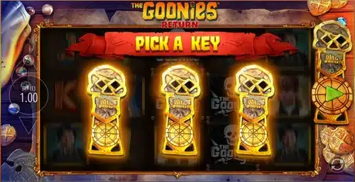 The Goonies Return slot Pick a Key bonus feature selection screen