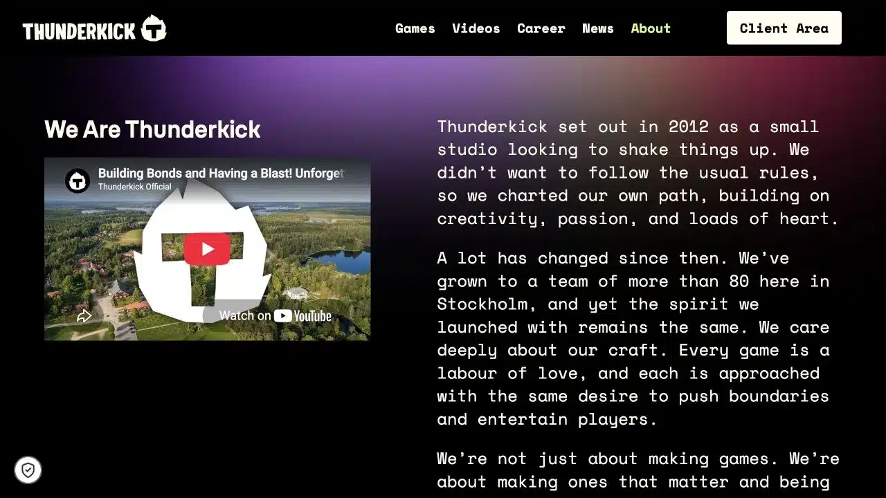 Thunderkick official company page describing the independent Stockholm studio, checked July 2026