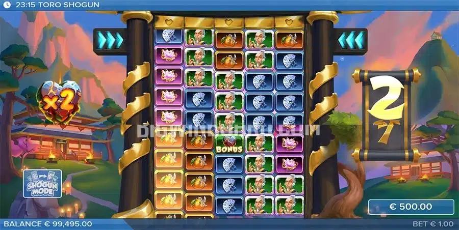 Toro Shogun Shogun Mode free spins with a multiplier heart symbol