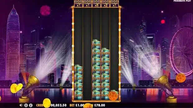 Towering Fortunes Hold and Spin bonus feature showing the expanded grid with stacked Money symbols and per-reel multipliers