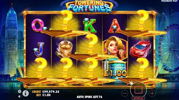 Towering Fortunes slot screenshot showing the base game reels, Mystery symbols and the Hong Kong skyline backdrop