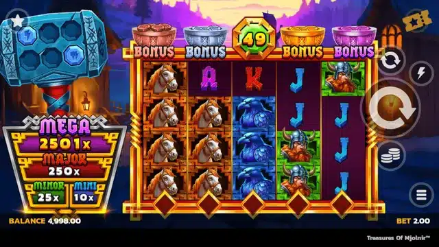 Treasures Of Mjolnir base game showing the 5x4 grid, Bonus Pot symbols and the Mega jackpot meter