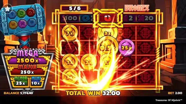 Treasures Of Mjolnir Upzones LockNWin bonus round showing coin multiplier values and the Bronze tier grid