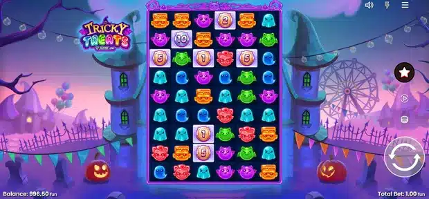 Tricky Treats base game showing the 6x9 cluster grid with Halloween candy park symbols