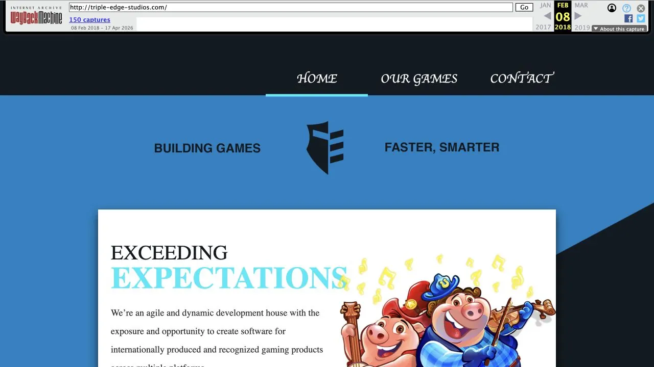 Triple Edge Studios official homepage archived in February 2018, with current studio status checked July 2026