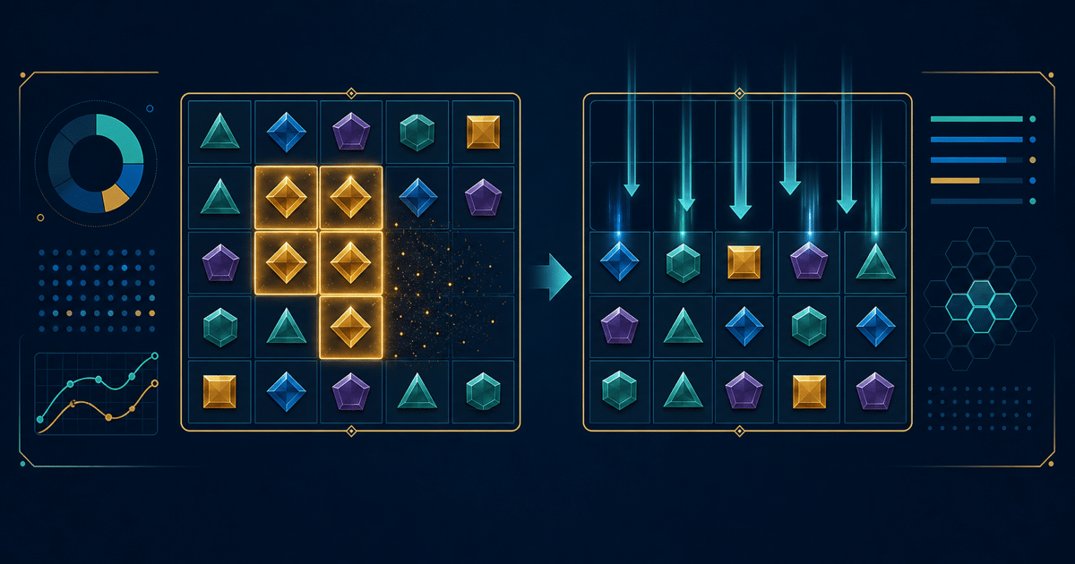 Abstract slot grid showing winning symbols removed and replacement symbols falling into empty spaces