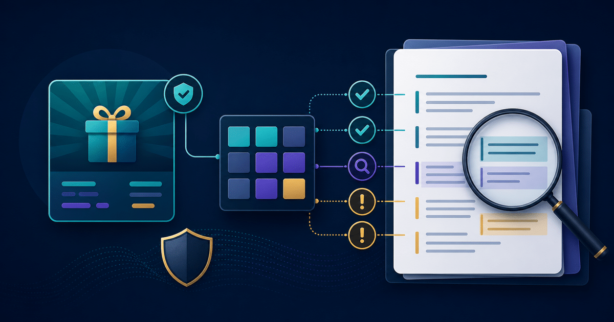 Abstract promotional offer connected to a checklist and magnified terms document