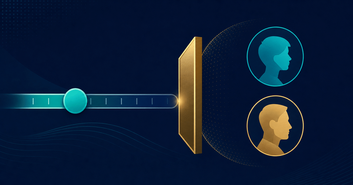 Abstract stake slider stopped by a protective barrier beside two neutral age-band profile icons