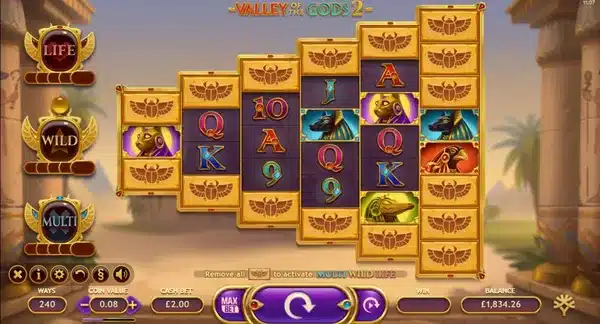 Valley Of The Gods 2 base game showing the pyramid grid with 240 ways to win and scarab Blocker tiles