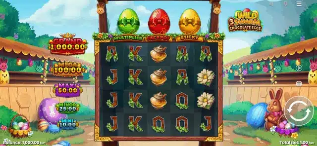 Wild Swarm 3 Chocolate Eggs base game showing the three collector eggs above the reels