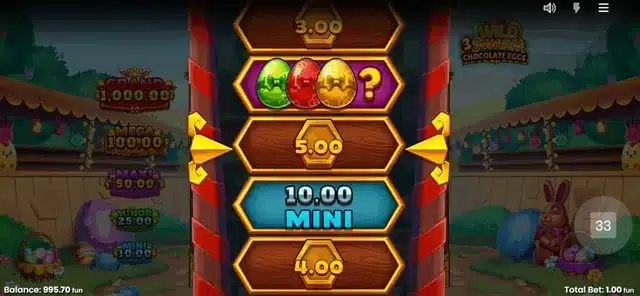 Wild Swarm 3 Chocolate Eggs Wheel Feature with jackpot prize segments