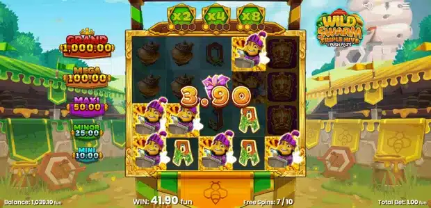 Wild Swarm Triple Hive Multiplier Hive free spins with x2, x4 and x8 reel multipliers active