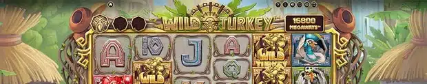 Wild Turkey Megaways slot gameplay screenshot showing the 6-reel Megaways grid and turkey tribe symbols