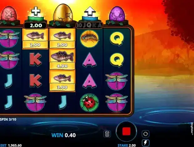 Kingfisher slot by Wishbone Games in free spins, with cracked egg modifiers above the reels and cash fish values on the grid