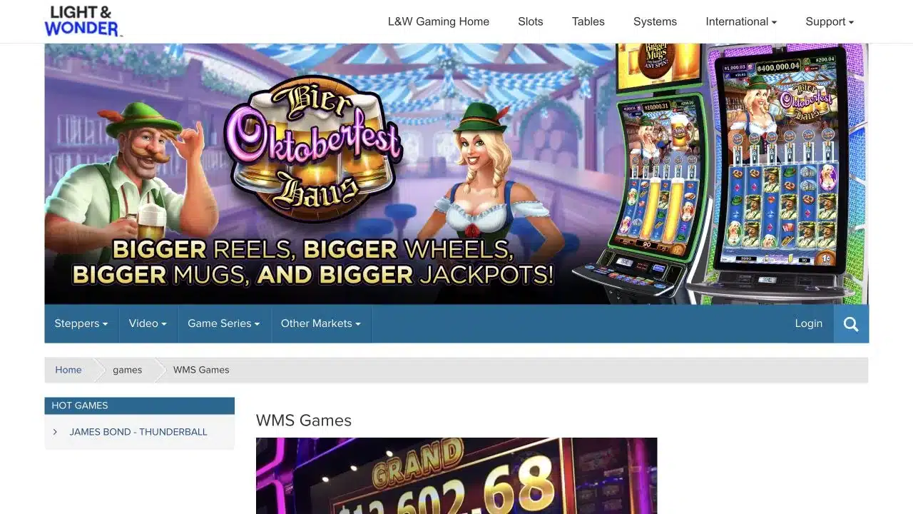 Light and Wonder official WMS brand page showing the current WMS game and cabinet identity, checked July 2026