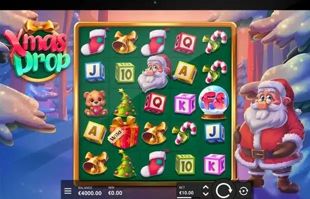 Xmas Drop base game showing the 5x5 grid with a Wild Santa, a Wild Gift and card symbols