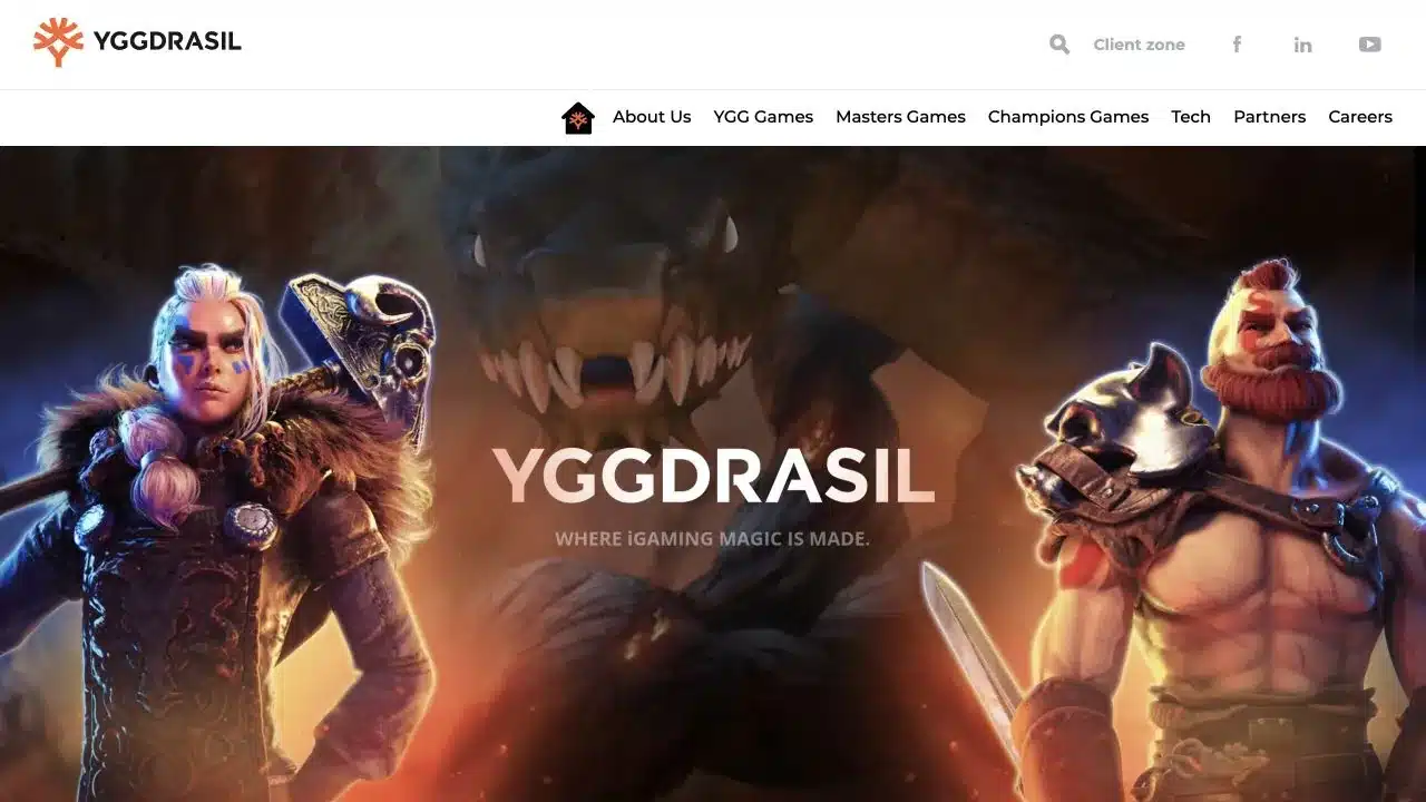 Yggdrasil Gaming official homepage showing its current games, partner tools and platform services, checked July 2026