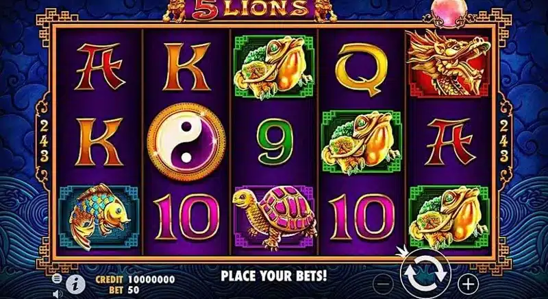 5 Lions base game in play - the 5x3, 243-ways grid with koi, turtle and yin-yang symbols