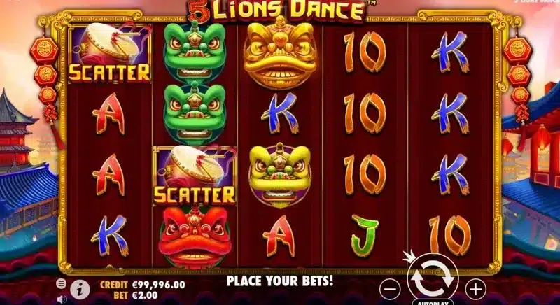 5 Lions Dance base game in play - the 5x4 grid with lion dancer scatters landing