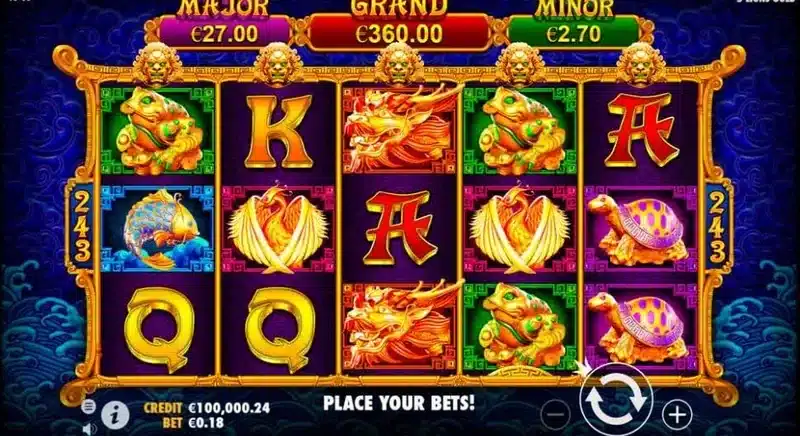 5 Lions Gold base game in play - Minor, Major and Grand jackpot counters above the reels