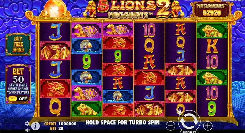 5 Lions Megaways 2 base game in play - 52,920 ways showing on the Megaways counter