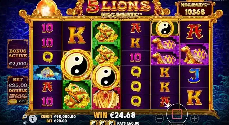 5 Lions Megaways free spins in play - bonus active with 10,368 ways on the counter