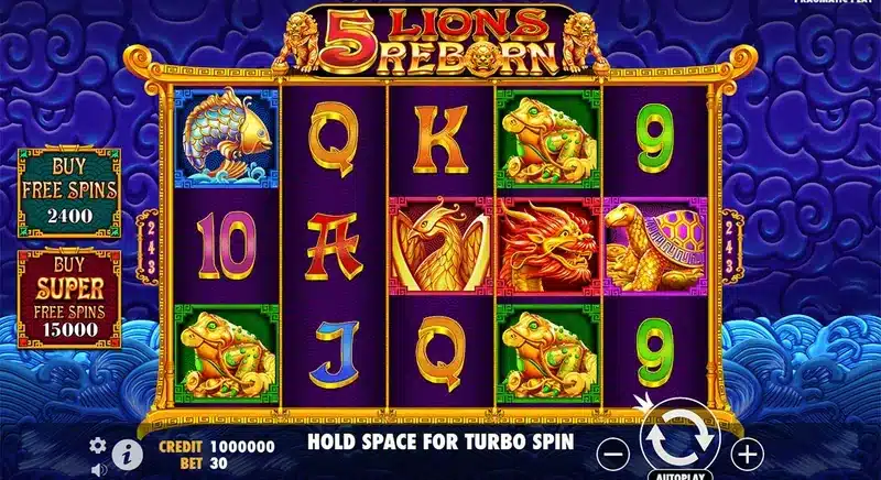 5 Lions Reborn base game in play - both free spins buy panels beside the reels