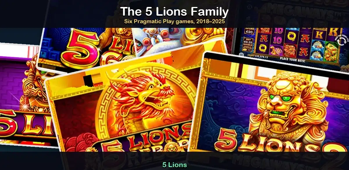All 5 Lions versions side by side, from the 2018 original to Megaways 2