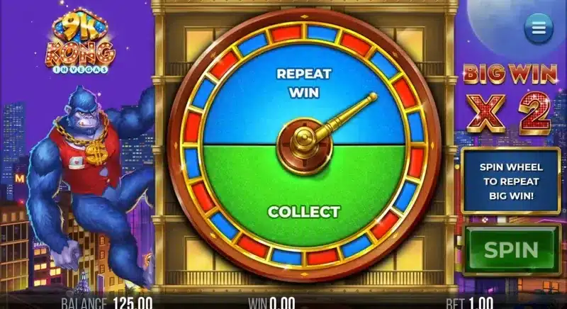 9k Kong in Vegas bonus spinner in play - the wheel offering a repeat of the Big Win at 2x