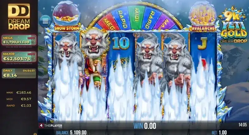 9K Yeti Gold Dream Drop free spins in play - the Snowstorm avalanche with jackpot panel alongside