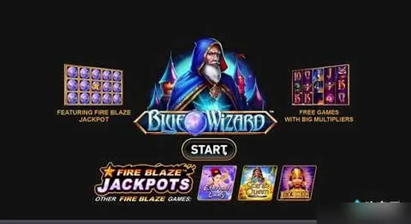 Blue Wizard slot start screen with Fire Blaze Jackpot