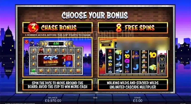 Cops 'n' Robbers Megaways choose your bonus screen with Chase Bonus