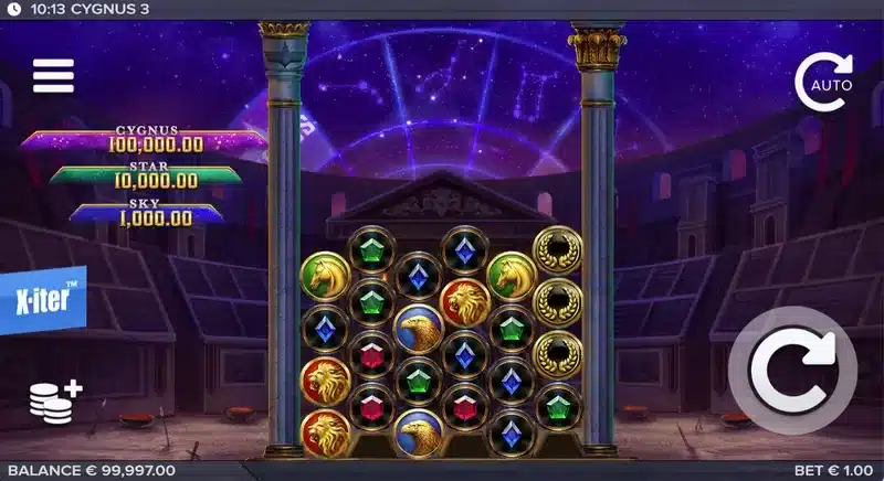 Cygnus 3 base game in play - Sky, Star and Cygnus jackpot values above the twin pillars