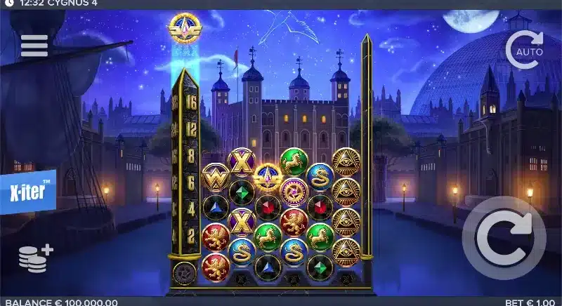 Cygnus 4 base game in play - the three-stage multiplier pillar over misty London