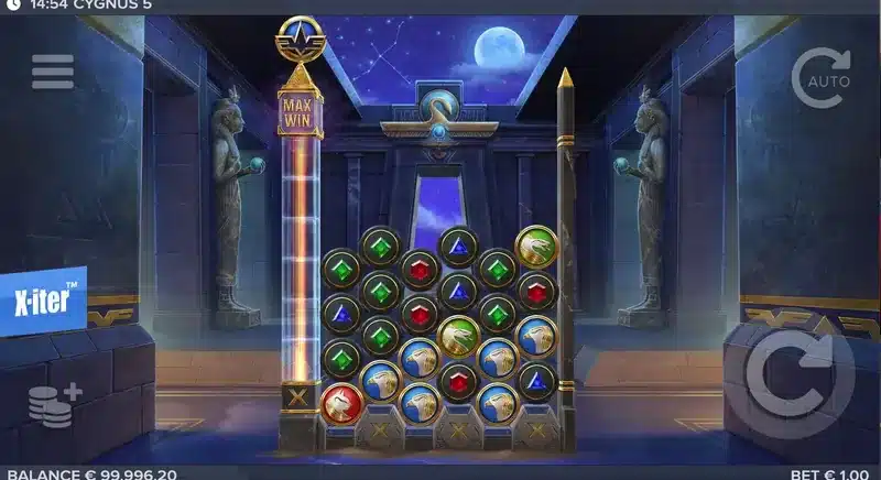 Cygnus 5 base game in play - the off-planet temple grid with the max win pillar