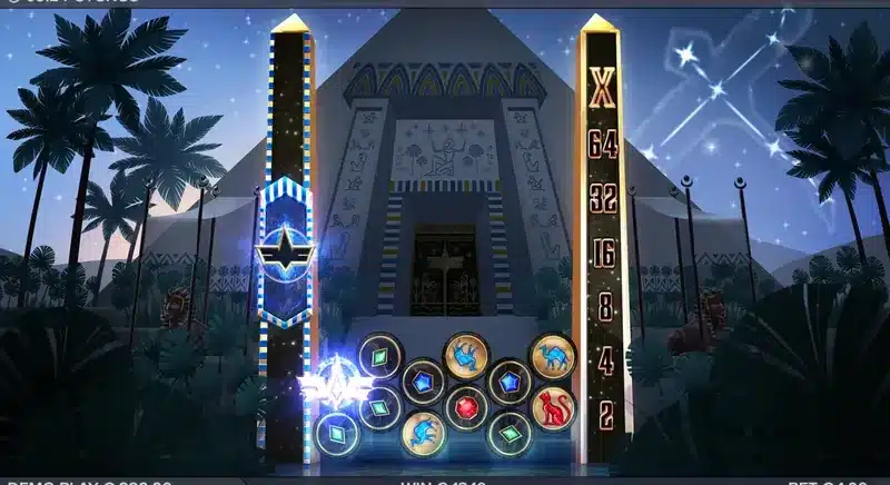 Cygnus bonus triggered in play - the multiplier obelisk lit beside the Giza reels
