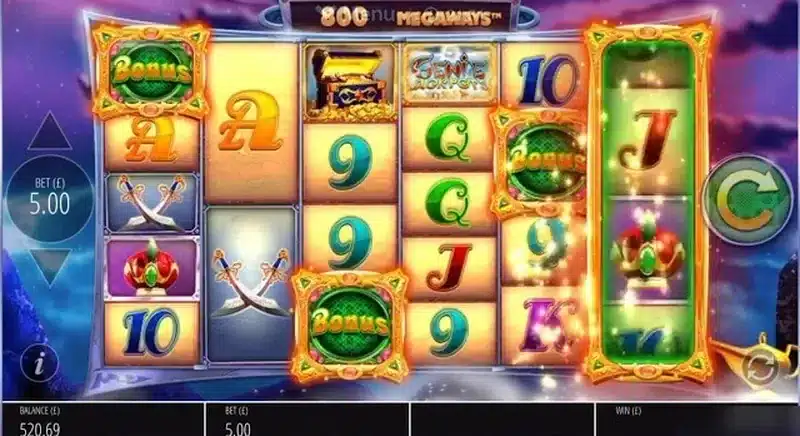 Genie Jackpots Megaways reels with bonus symbols