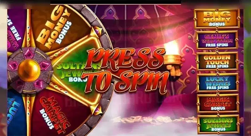 Genie Jackpots Wishmaker bonus wheel with feature list