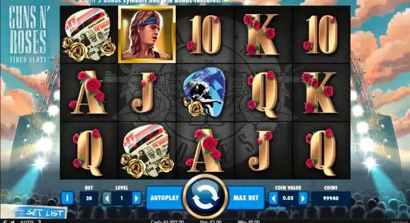 Guns N' Roses slot gameplay on the stage-lit reels